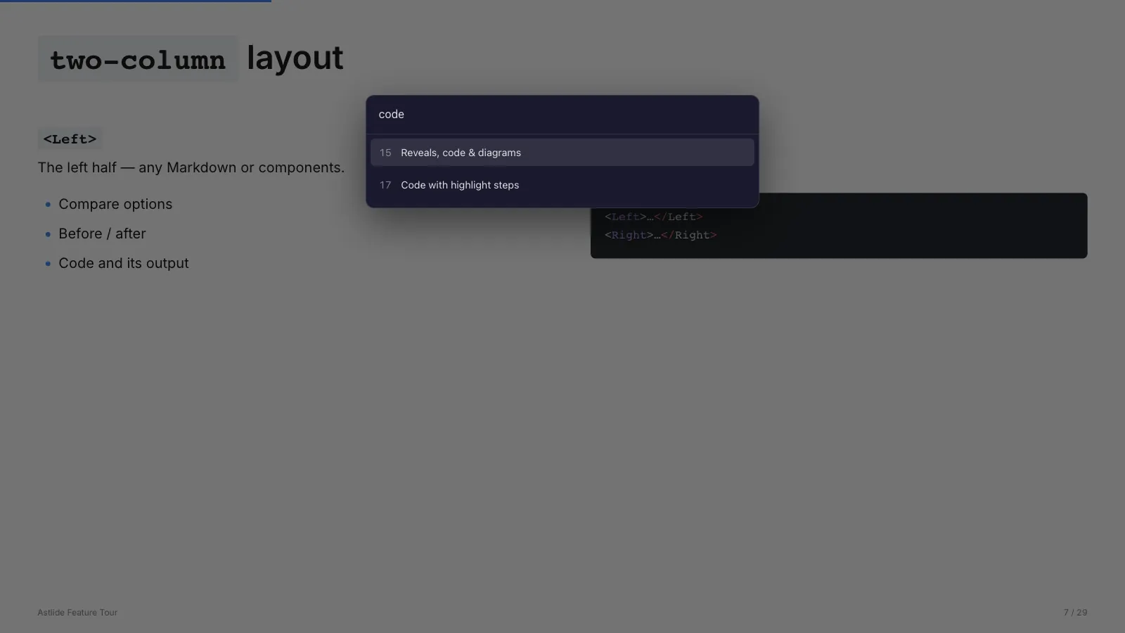 Go-to dialog filtering slides by the word “code”