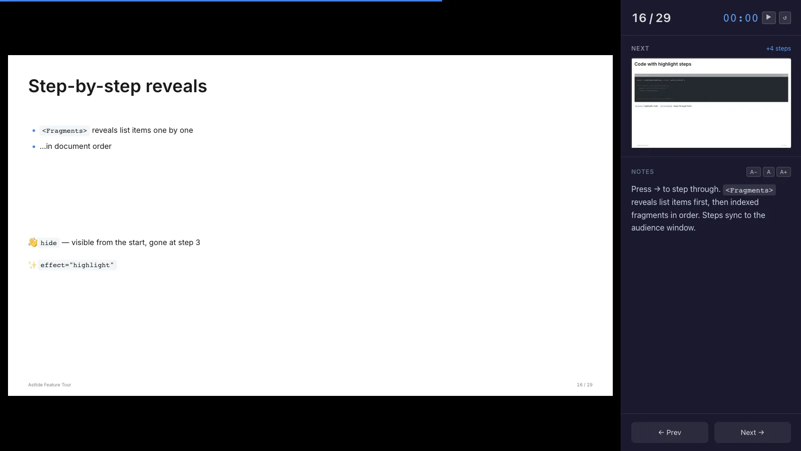 Presenter window: the current slide on the left; next-slide preview, steps left, notes and timer on the right